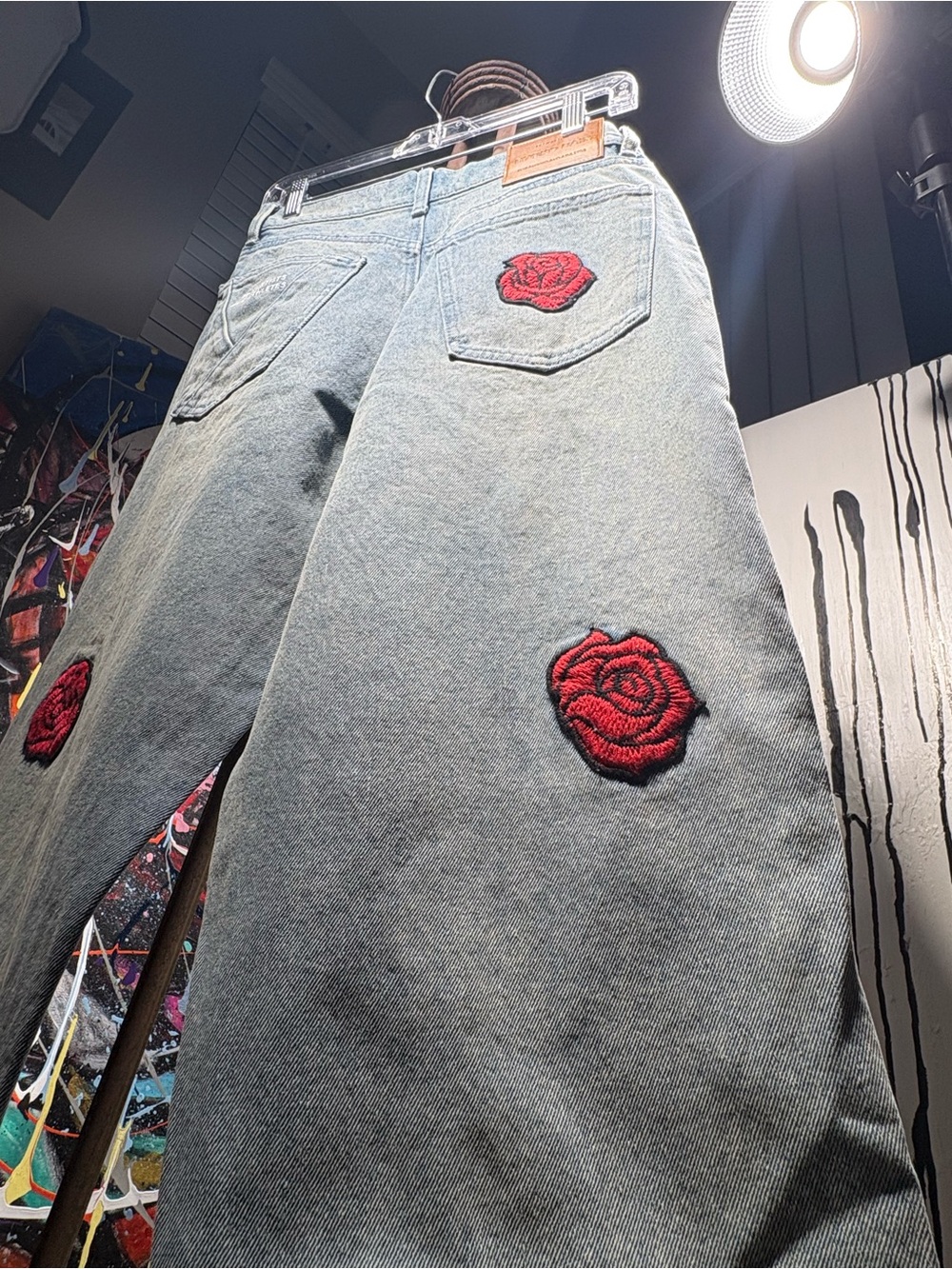 Straight Leg Women's Light Wash Jeans with Red Rose Embroidery